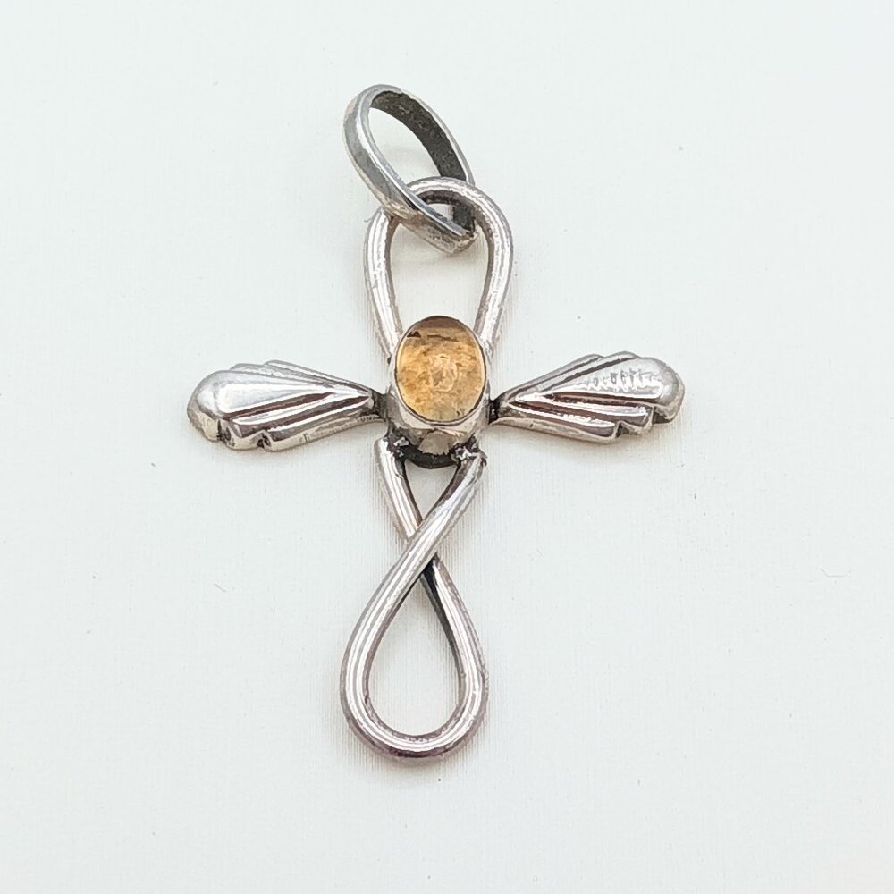 Vintage Sterling Silver Citrine Gemstone SOUTHWESTERN Cross Necklace